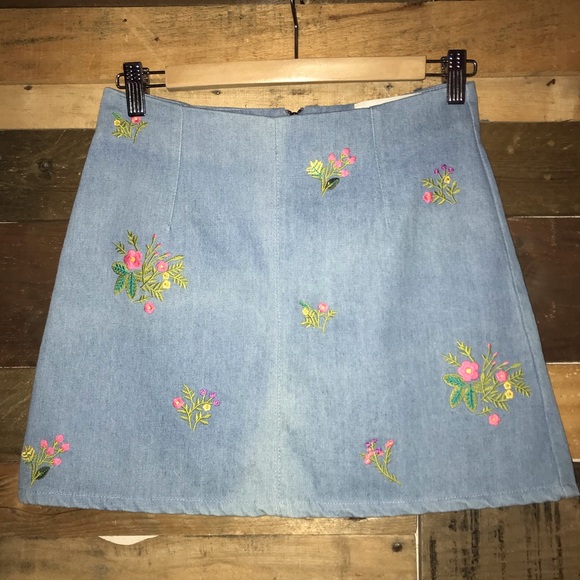 The Impeccable Pig Dresses & Skirts - Floral Embroidered Light Wash Denim Jean Skirt